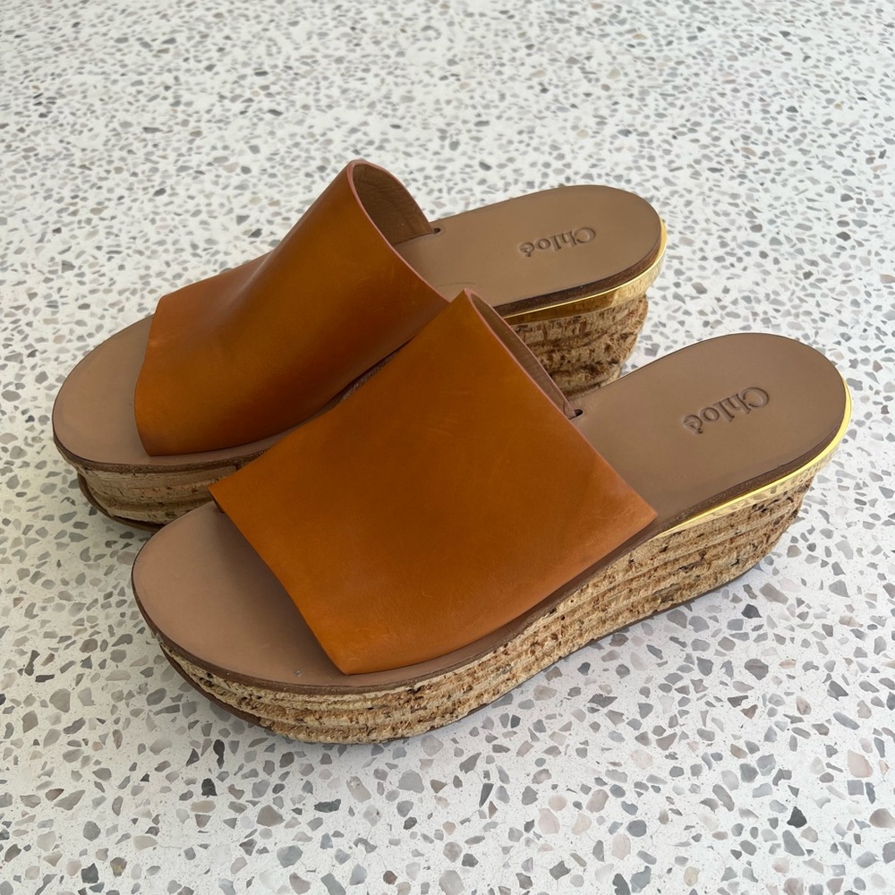 Chloé Camille Cork & Brown Leather Platform Slide Sandal, Size 40/9.5